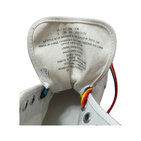 American Eagle Outfitters Canvas High Tops White with Rainbow Laces and Soles - Picture 7 of 9